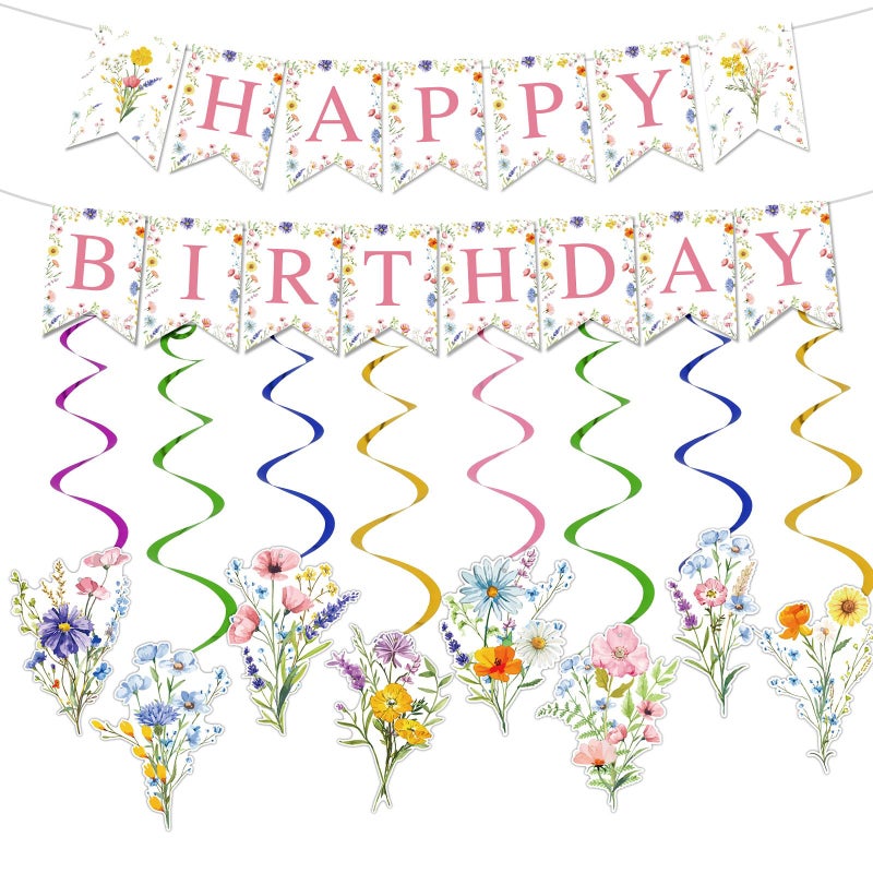 Atiloy Wildflower Birthday Decoration Wildflower Happy Birthday Banner Wildflower Garland Wildflowers Sign, Wildflower Theme Birthday Banner Party Favors Pink Sign for Girls Women - Image 1